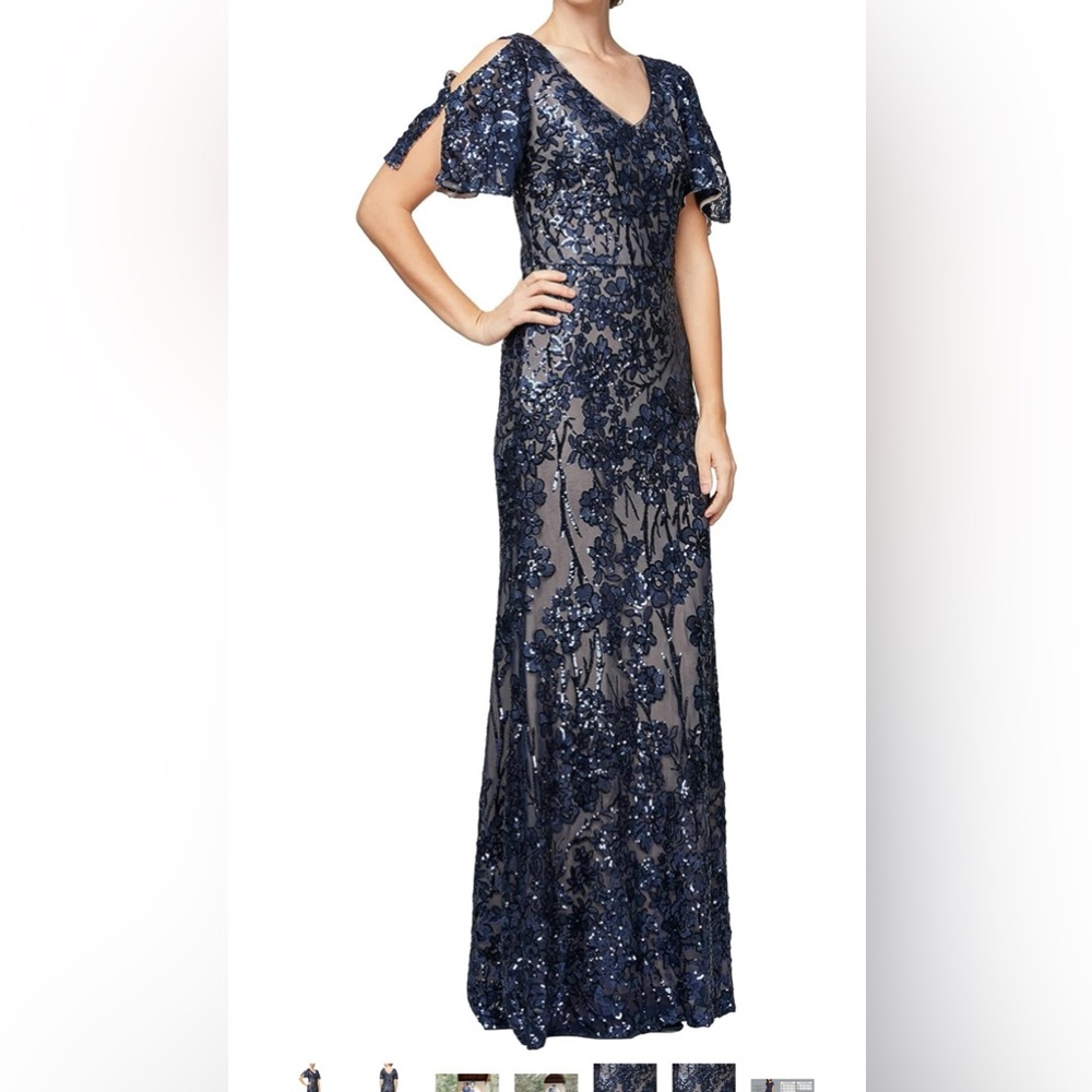 Women's Sequin Stretch Lace Gown - Navy/Nude - Mother of the Bride or Groom